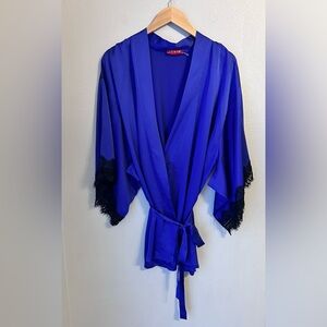 Josie Natori Purple Satin Black Lace Robe Womens Size Large